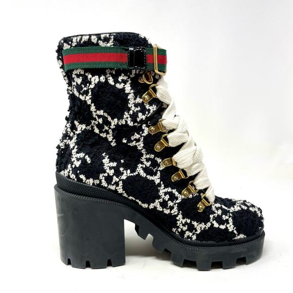 Gucci GG Monogram Web Tweed Combat Lace Up Ankle Boots Black White EU 36.5 - Picture 1 of 13